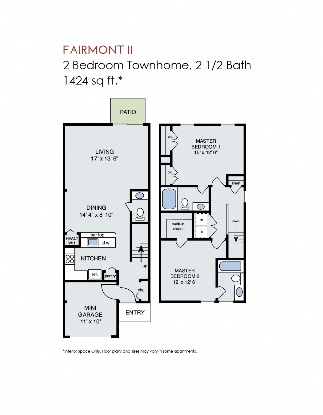 Floor plan for 2 beds, 2.5 baths, 1424 sqft
